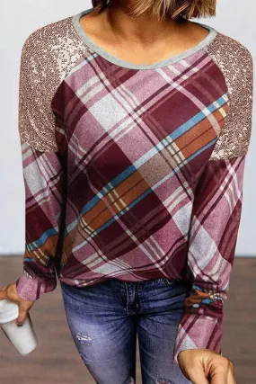 Scoop Neck Sequin Splicing Plaid Long Sleeve Top