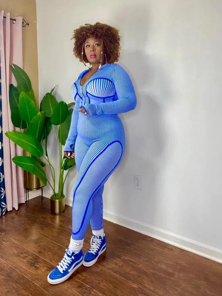 Seamless Striped Zip Up Jacket and Leggings Set (Blue)