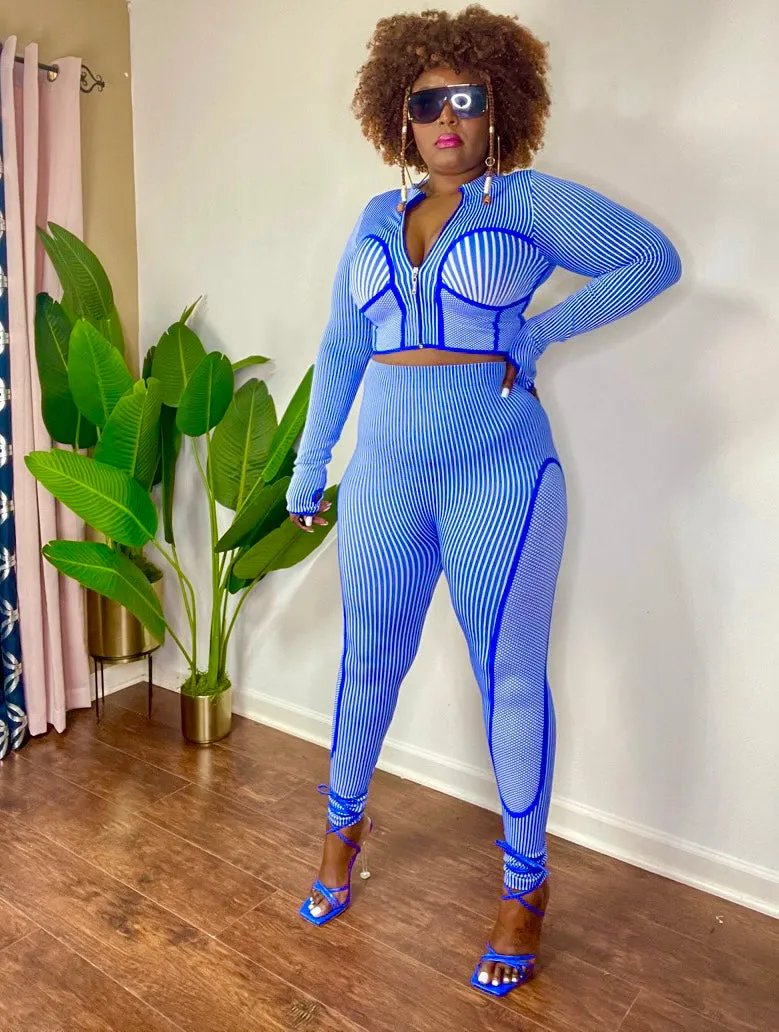 Seamless Striped Zip Up Jacket and Leggings Set (Blue)