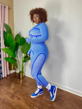 Seamless Striped Zip Up Jacket and Leggings Set (Blue)