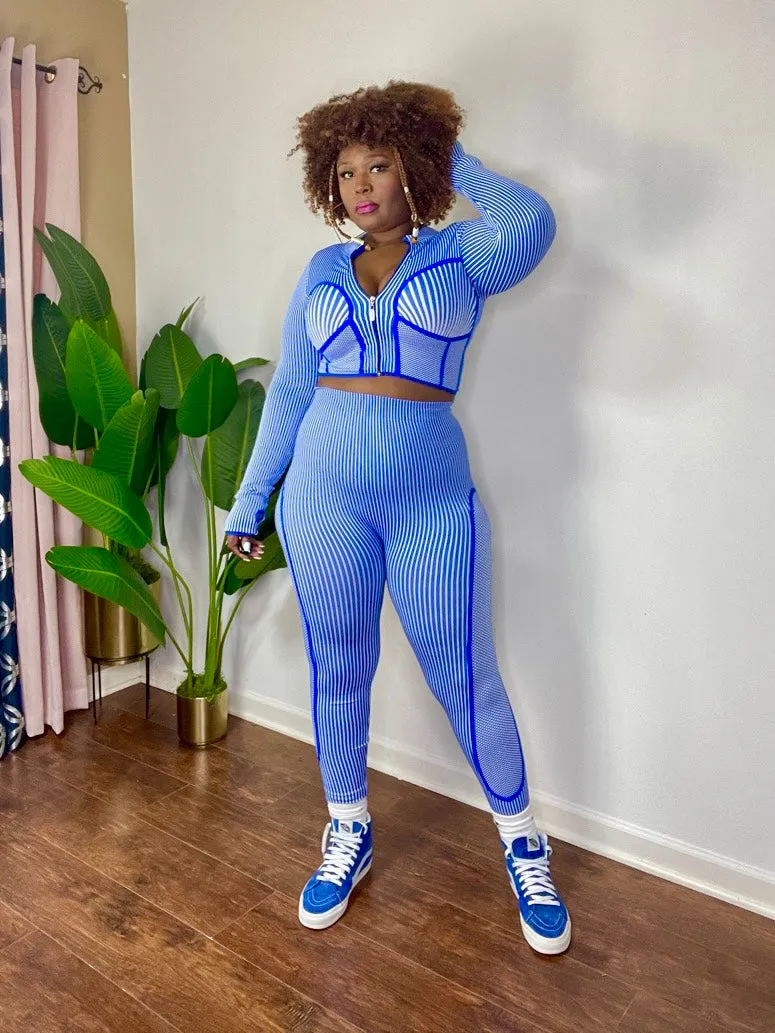 Seamless Striped Zip Up Jacket and Leggings Set (Blue)