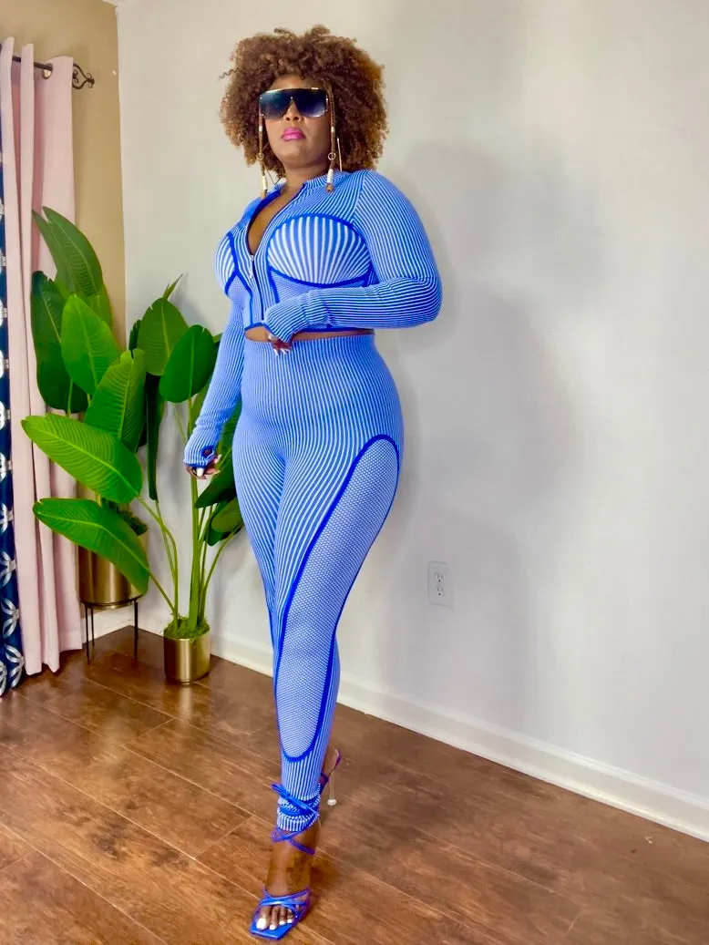 Seamless Striped Zip Up Jacket and Leggings Set (Blue)