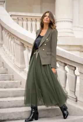 Timeless Fitted Blazer Jacket with Gold Double-Breasted Buttons Khaki