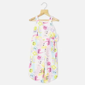 White Smiley Printed Sleeveless Jumpsuit