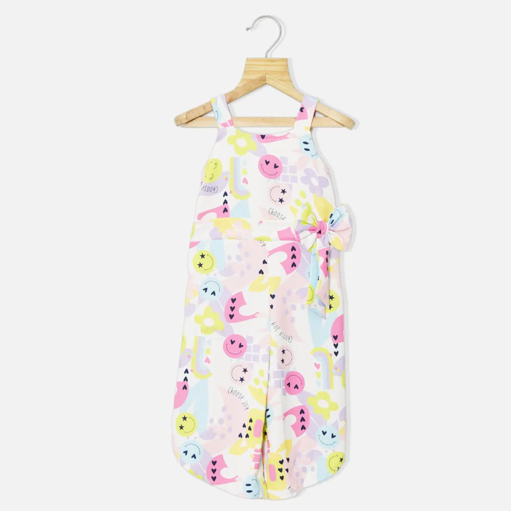 White Smiley Printed Sleeveless Jumpsuit