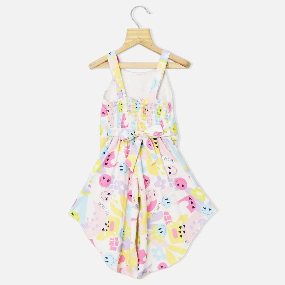 White Smiley Printed Sleeveless Jumpsuit