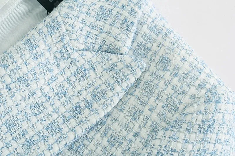 Women Blazer | Double Breasted Coat | Vintage Tweed Blazer | Sky Blue Tweed Blazer | Women Office Blazer | Tweed Check Blazer |Casual Blazer
